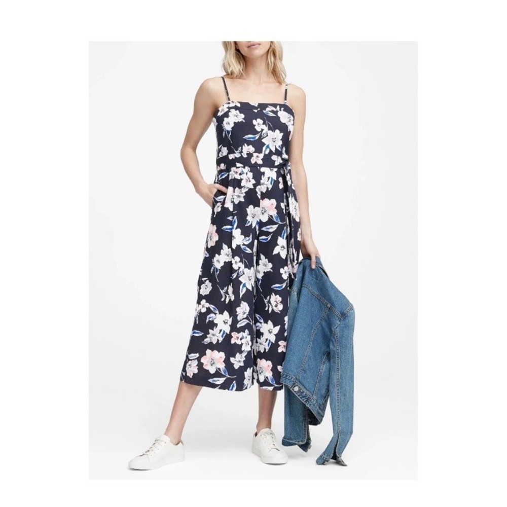 Banana Republic Jumpsuit 6 Linen Blend Floral Wide Leg Tie Waist Strappy
